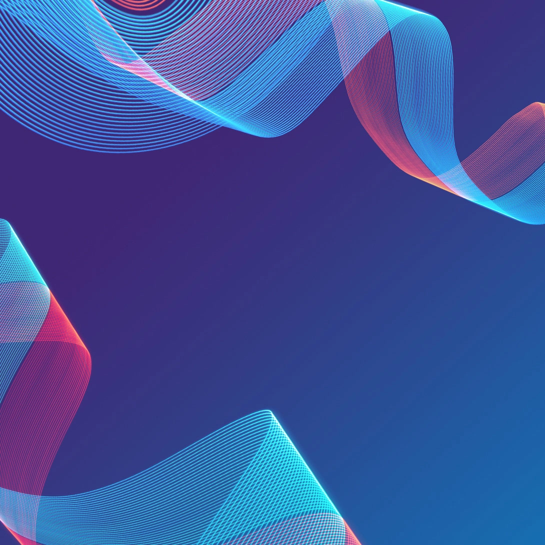 Abstrakter blauer Hintergrund mit roten, hellblauen, geschwungenen Swirls.