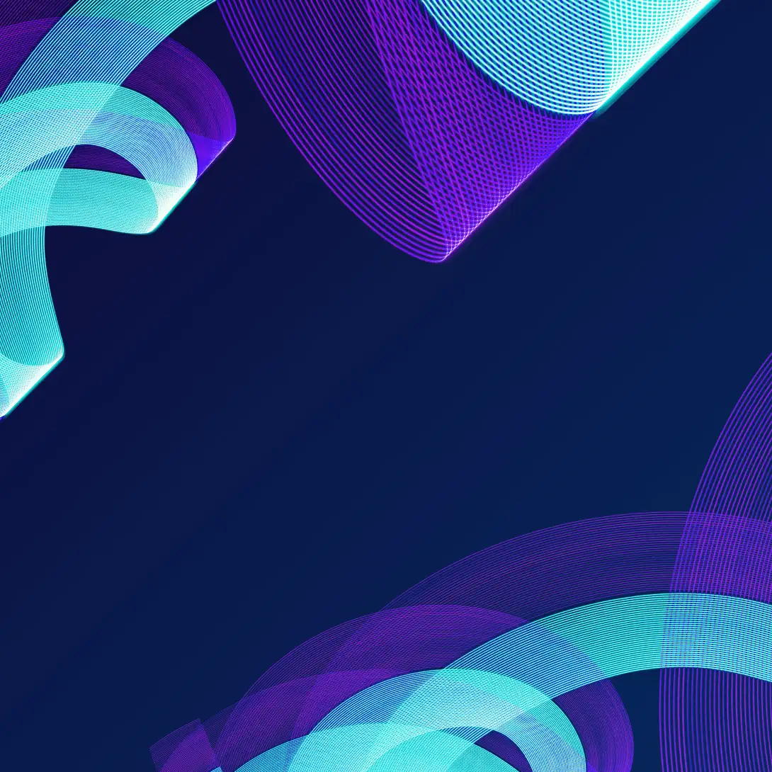 Abstrakter dunkelblauer Hintergrund mit türkisen, violetten, geschwungenen Swirls.