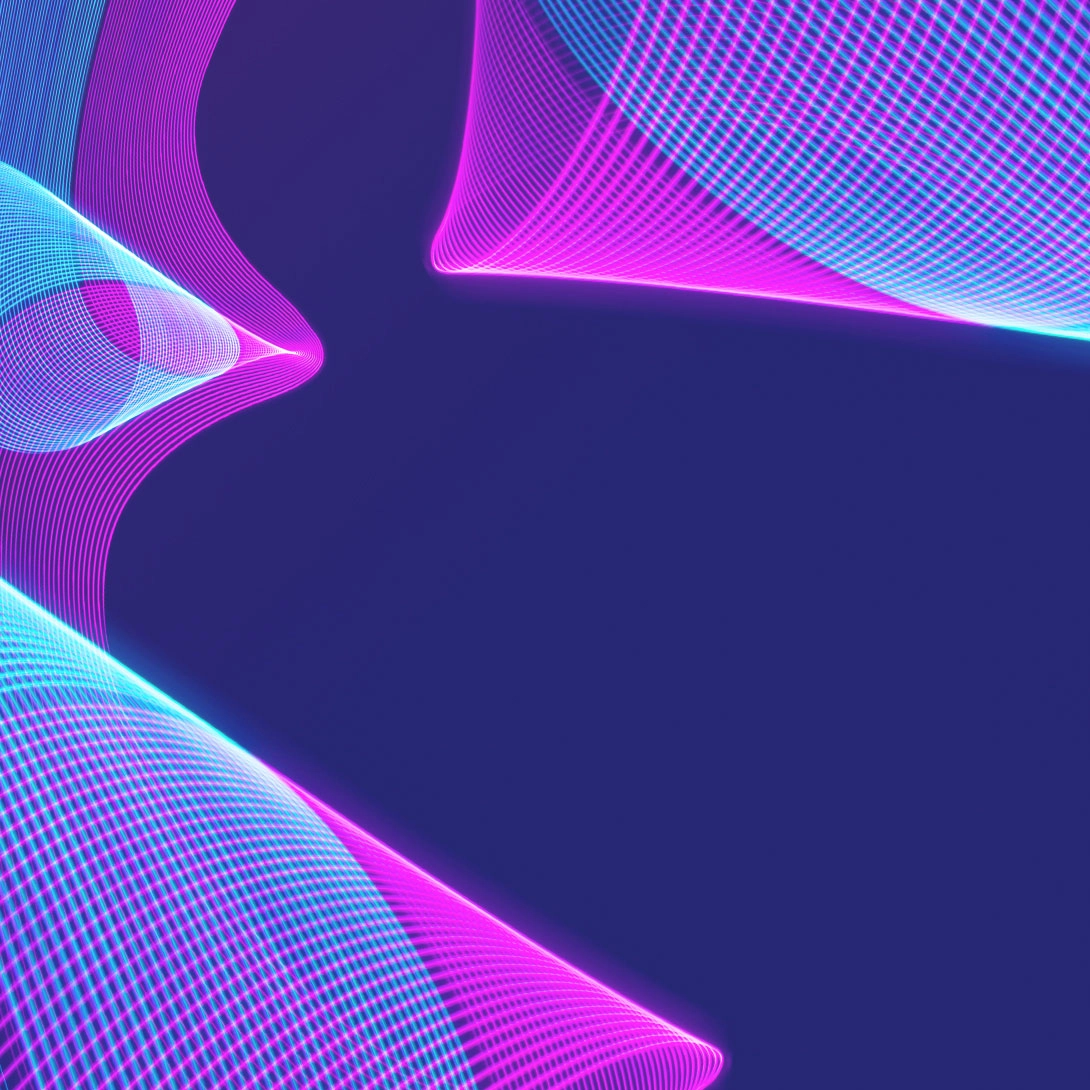 Abstrakter dunkelvioletter Hintergrund mit hellblauen, pinken, geschwungenen Swirls.