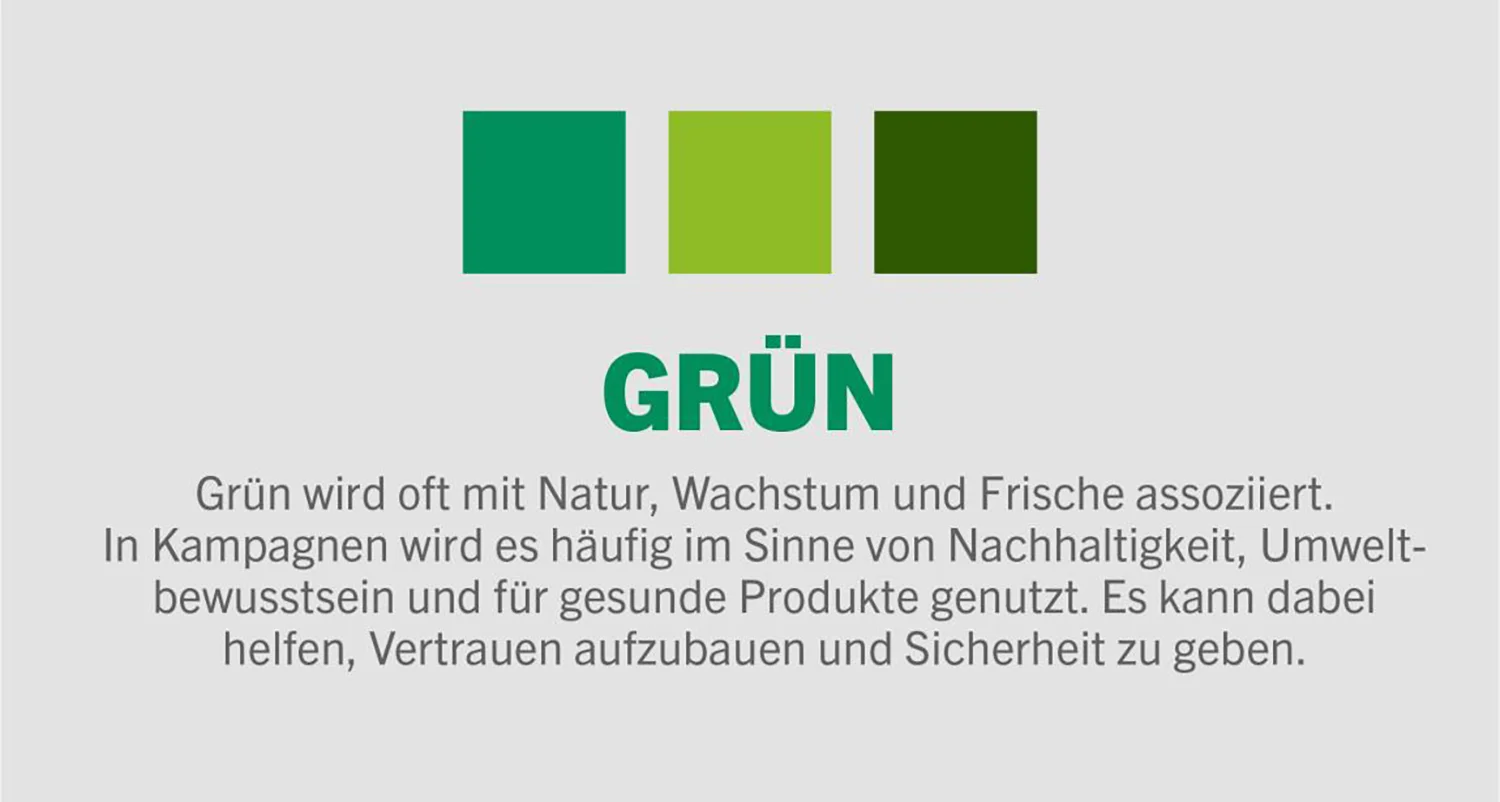 Beschreibung der Farbbedeutung von Grün mit Beispielen unterschiedlicher Grüne.