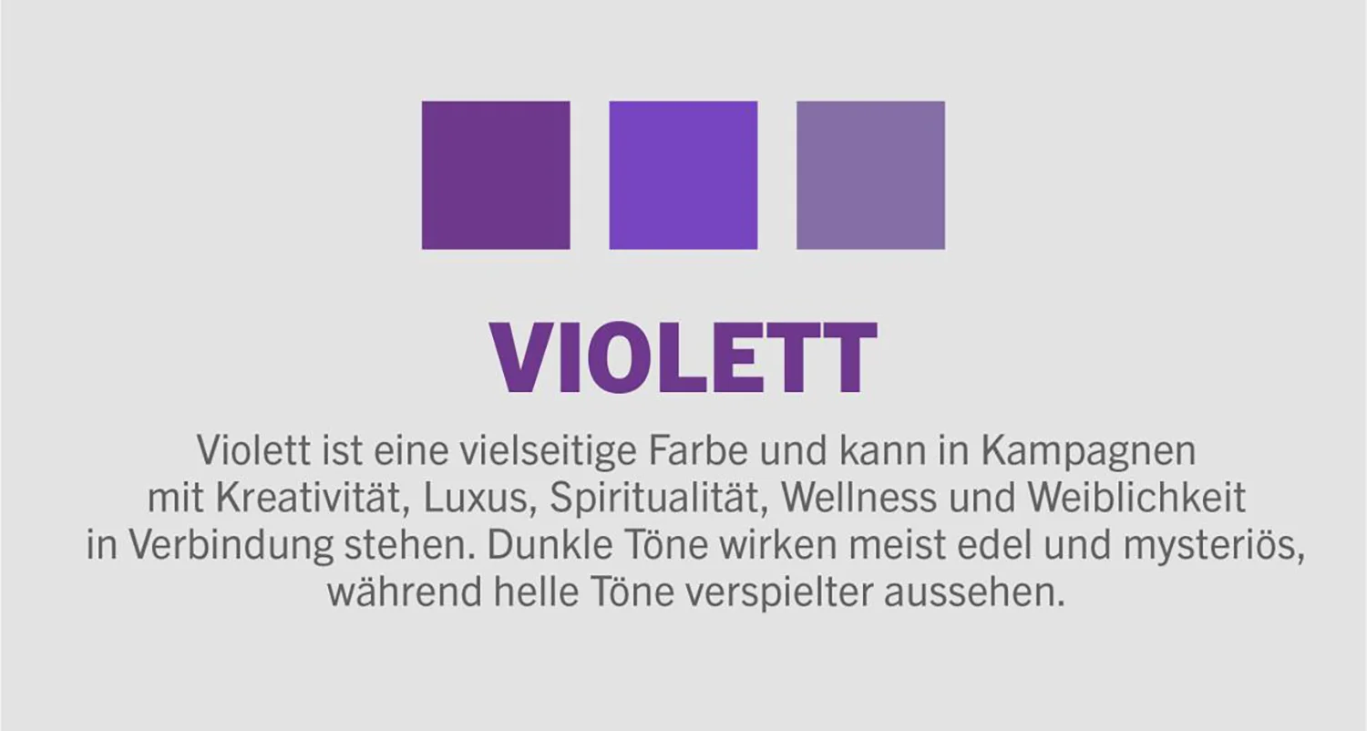Beschreibung der Farbbedeutung von Violett mit Beispielen unterschiedlicher Violetttöne.
