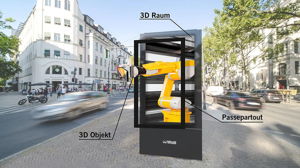 Infografik zeigt Aufbau eines 3D-Motivs für DOOH unter Verwendung von Rahmen und Schatten.