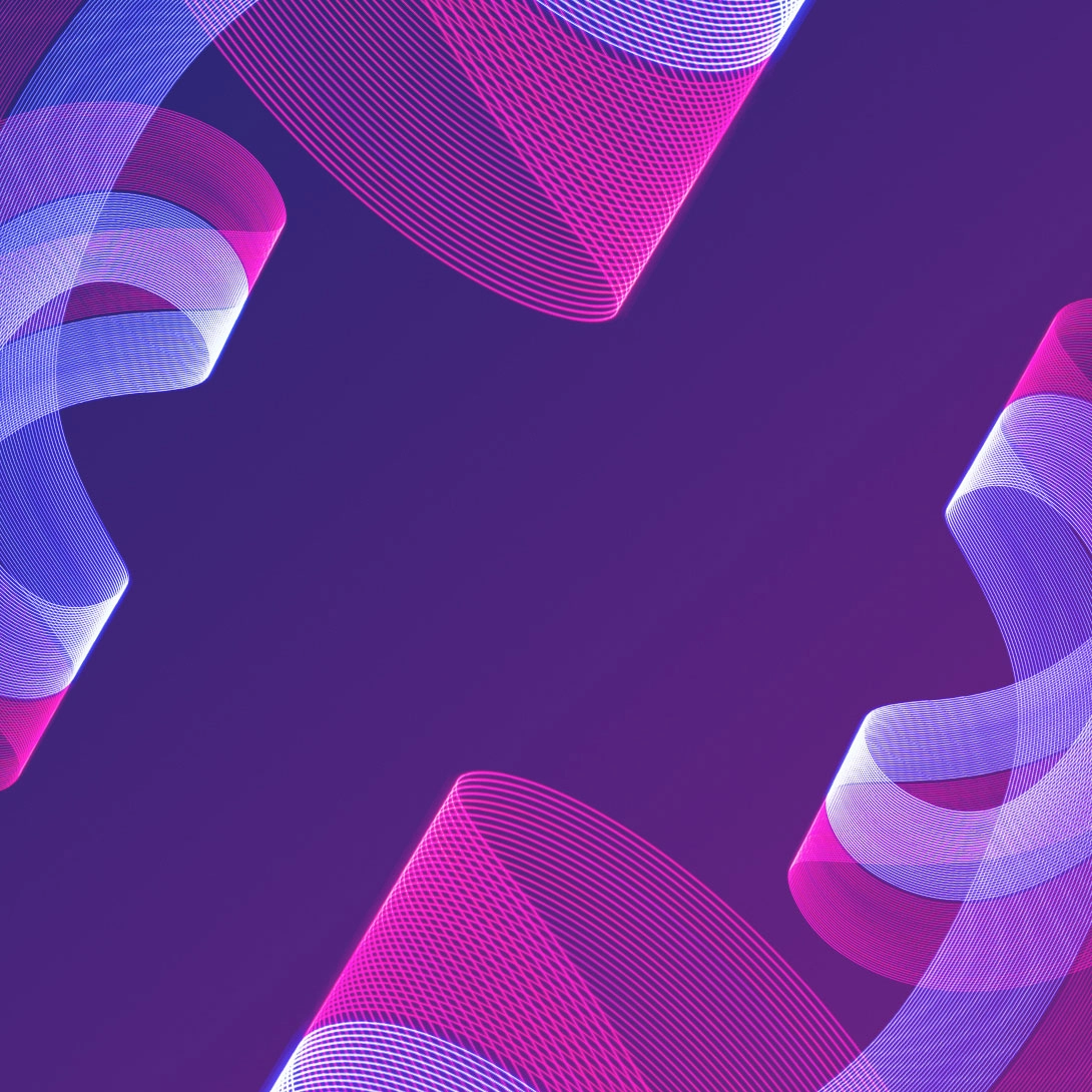 Abstrakter lila Hintergrund mit pinken, blauen, geschwungenen Swirls.