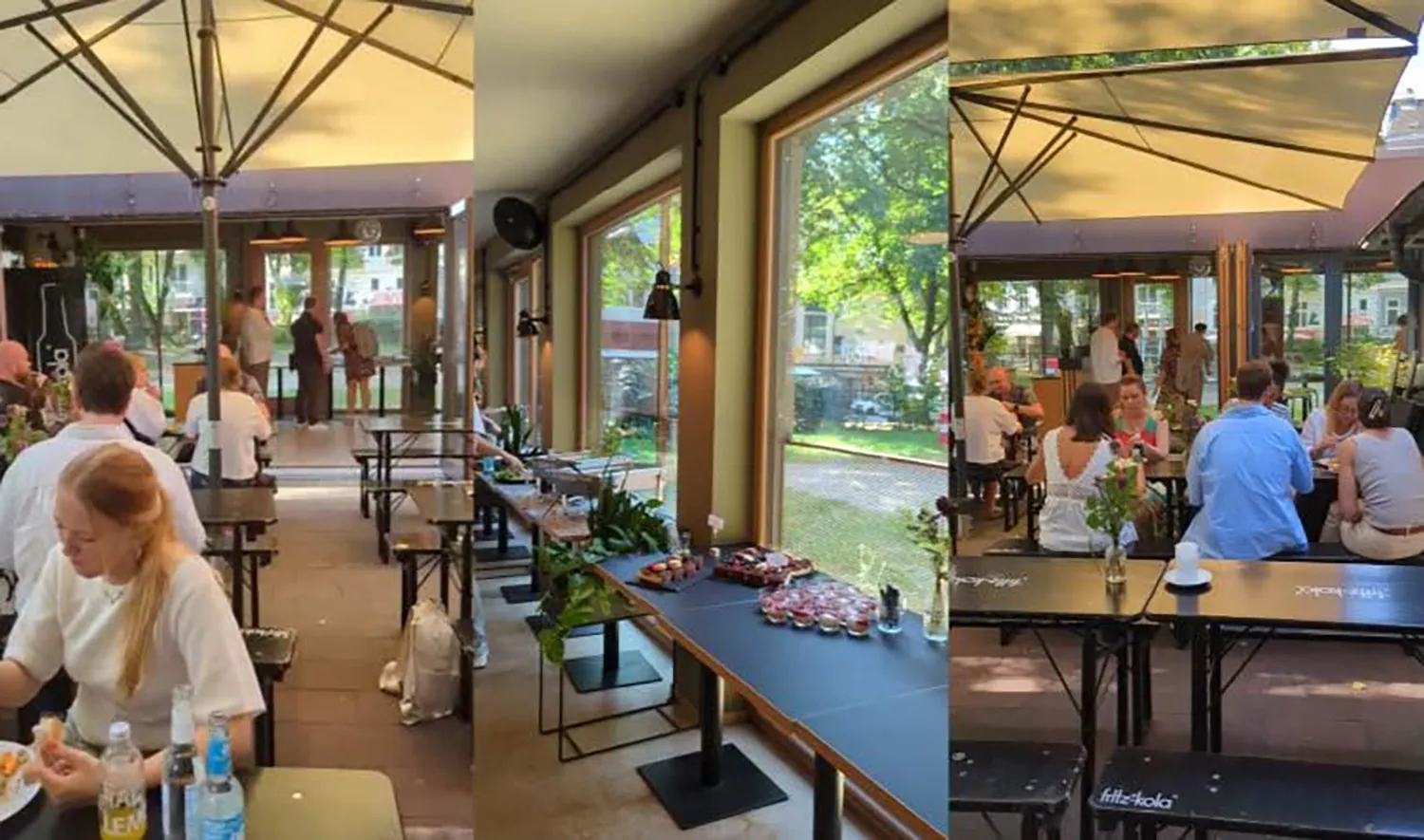 Menschen sitzen auf Bierbänken und genießen Essen vom Buffet beim WallDecaux Lunch & Learn.