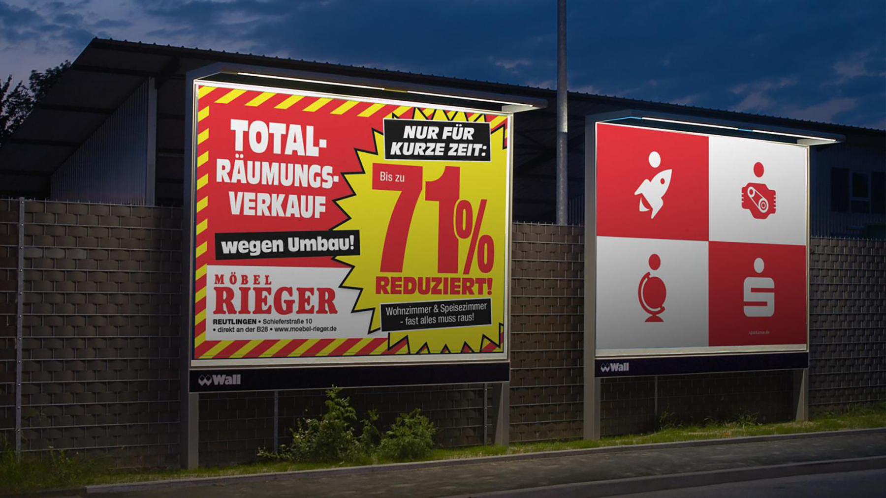 Großfläche mit Out of Home-Werbung eines Möbelhauses und Finanzdienstleisters.
